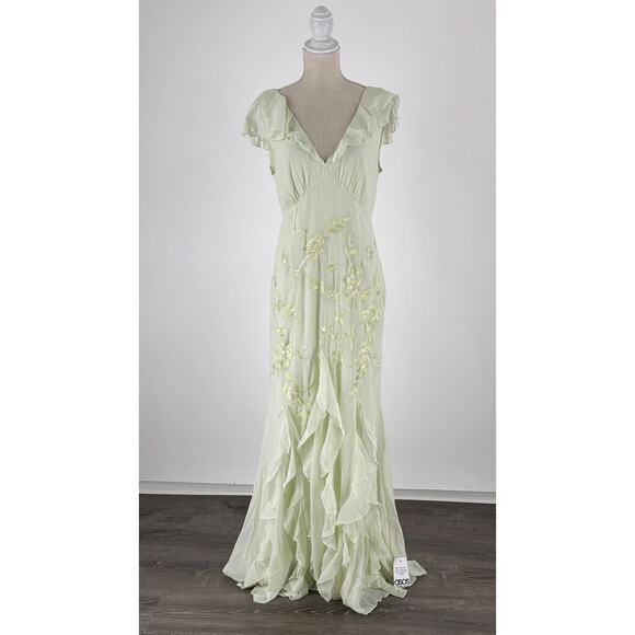 ASOS Embroidered Flutter Sleeve Maxi Dress Frill Hem Light Green Womens Size 12 - Picture 6 of 16